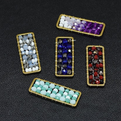 Handmade Woven Pendants, with Glass and Brass Findings, Cadmium Free & Nickel Free & Lead Free, Long-Lasting Plated, Rectangle