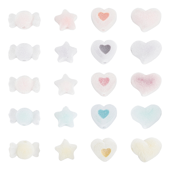40Pcs 20 Style Flocky Acrylic Beads, Bead in Bead, Mixed Shapes