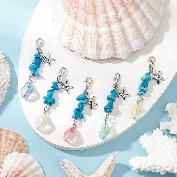 Подвеска в виде морской звезды из стекла и сплава, с бусинами из синтетической бирюзы и застежкой-карабином