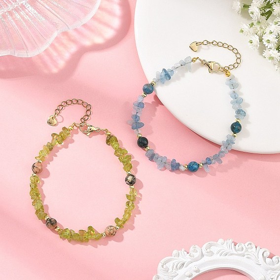 2Pcs 2 Styles Natural Aquamarine & Green Rutilated Quartz & Apatite & Peridot Round and Chip Beaded Bracelet Sets with 304 Stainless Steel End Chains, Golden