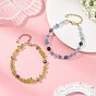 2Pcs 2 Styles Natural Aquamarine & Green Rutilated Quartz & Apatite & Peridot Round and Chip Beaded Bracelet Sets with 304 Stainless Steel End Chains, Golden