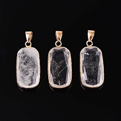 Natural Stone Pendants, Faceted Rectangle Gems Charms, with with Brass Findings, Golden