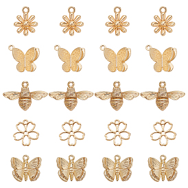 BENECREAT 20Pcs 5 Style Brass Charms, with Loops, Flower & Butterfly & Bee
