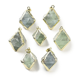 Rack Plating Brass & Natural Fluorite Pendants, Rhombus Charms, Light Gold