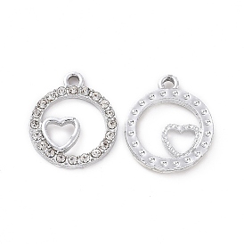 Alloy Crystal Rhinestone Pendants, Flat Round with Heart Charms