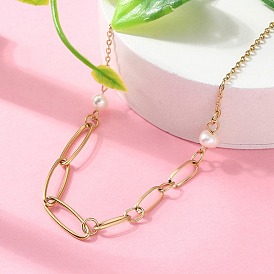 304 Овальные звенья цепочки из нержавеющей стали и стеклянного жемчуга для женщин, ионное покрытие (ip)