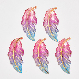 Autumn Theme Transparent Acrylic Big Pendants, with Plated Bottom, Leaf