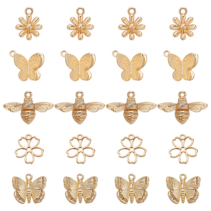 20Pcs 5 Style Brass Charms, with Loops, Flower & Butterfly & Bee