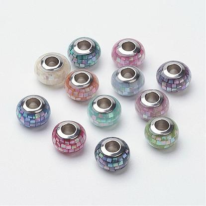 304 Stainless Steel Resin European Beads, with Shell and Enamel, Rondelle, Large Hole Beads