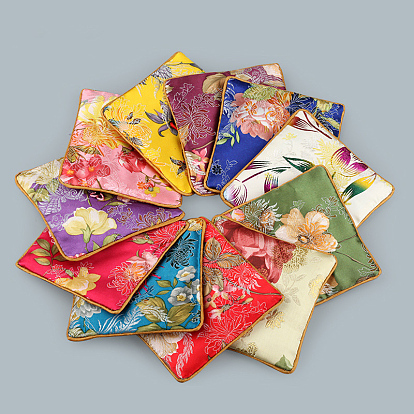 Retro Square Cloth Zipper Pouches, with Tassel and  Flower Pattern