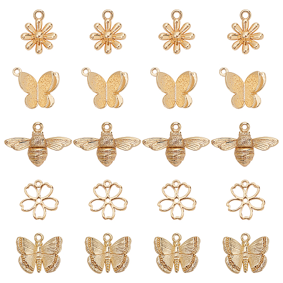 20Pcs 5 Style Brass Charms, with Loops, Flower & Butterfly & Bee