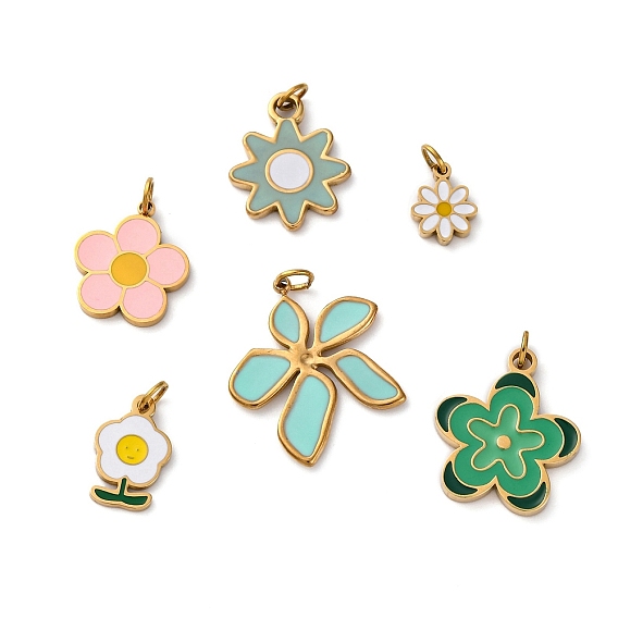 316 хирургические эмалевые подвески из нержавеющей стали, с прыжковых колец, цветочный шарм, ионное покрытие (ip), реальный 18 k позолоченный