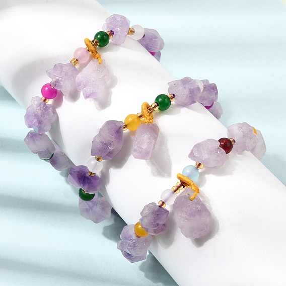 Bracelets extensibles pour femmes, ornés de perles et de pépites d'améthyste brutes naturelles., avec des billes en plastique