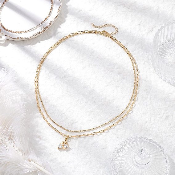 Латунные ожерелья с подвеской в виде вишни из прозрачного кубического циркония, латунная цепочка-скрепка и 304 двухслойные цепочки из шариков из нержавеющей стали для женщин