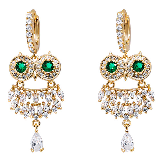 Emerald Rhinestone Owl Dangle Hoop Earrings, Alloy Jewelry for Women