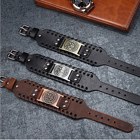 Retro Pirate Compass Leather Bracelet for Men, Wide PU Wristband