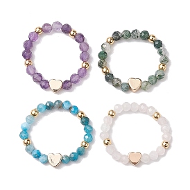 Round Natural Apatite & Green Aventurine & Amethyst & Moss Agate Beads Stretch Rings for Women, with Brass Beads