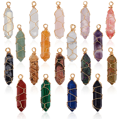 18 шт. подвесок из натуральных и синтетических драгоценных камней, обвитых медной проволокой светло-золотистого оттенка, брелоки-пули с двойными наконечниками