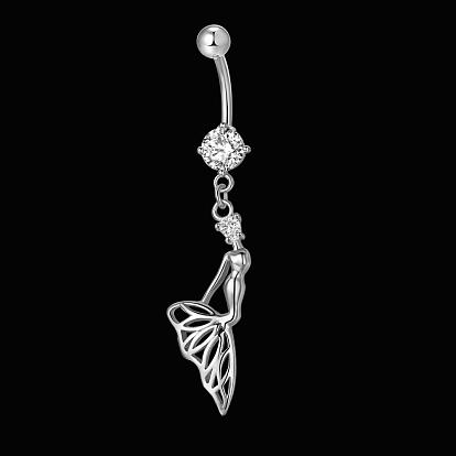 Piercing Jewelry, Brass Cubic Zirciona Navel Ring, Belly Rings, with 304 Stainless Steel Bar, Lead Free & Cadmium Free, Mermaid Shape