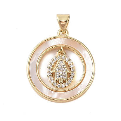 Brass Micro Pave Clear Cubic Zirconia Pendants, with Shell, Cadmium Free & Lead Free, Flat Round with Palm