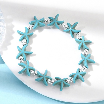 Браслеты из синтетической бирюзы и немагнитных гематитовых бусин, эластичные, для женщин и мужчин., морская звезда, бирюзовые