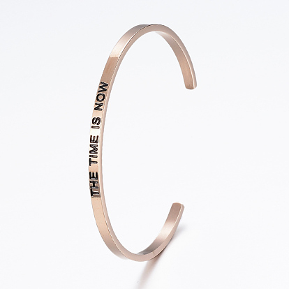 304 Stainless Steel Inspirational Cuff Bangles, with Enamel & Word Word The Time Is Now