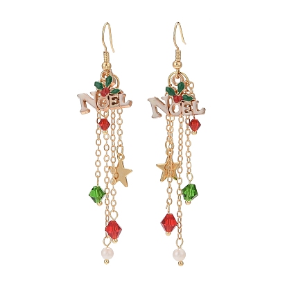 Word Noel Alloy Enamel & Glass Beads Dangle Earrings, Golden Brass Tassel Earrings for Christmas