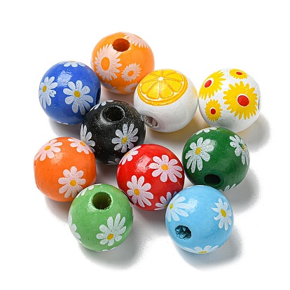 Набивные деревянные европейские бусины, круглый с узором ромашки/лимона