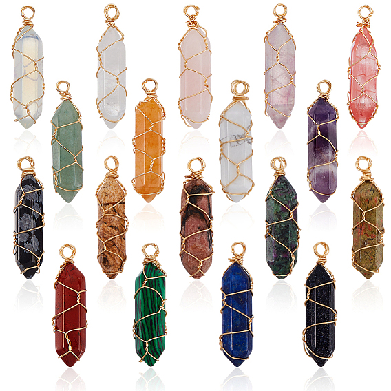 18 шт. подвесок из натуральных и синтетических драгоценных камней, обвитых медной проволокой светло-золотистого оттенка, брелоки-пули с двойными наконечниками