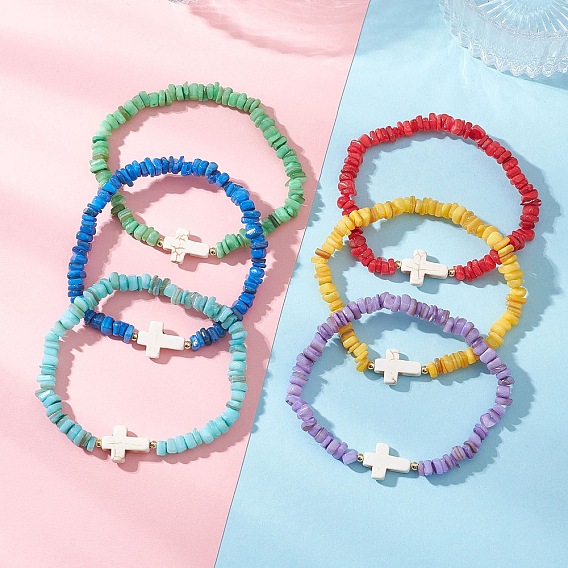 6 шт. 6 цвета браслеты из натуральных пресноводных ракушек с бусинами, Женские крестики из синтетической бирюзы