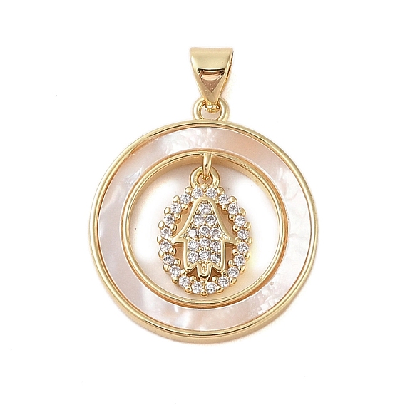 Brass Micro Pave Clear Cubic Zirconia Pendants, with Shell, Cadmium Free & Lead Free, Flat Round with Palm
