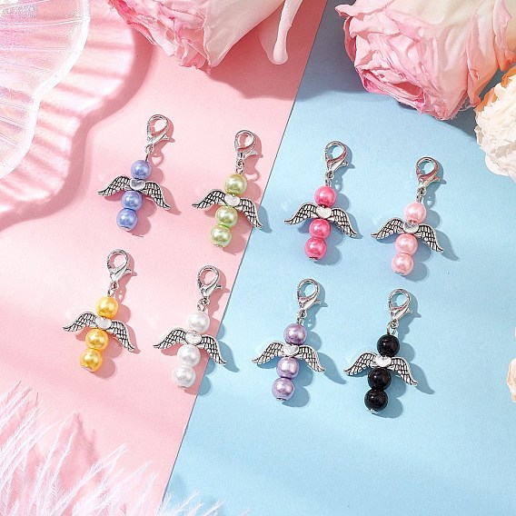 8 шт. 8 цвета ангел сплав бисер и стеклянный жемчуг круглый бисер подвеска украшение, Сплав с застежками когтя омара