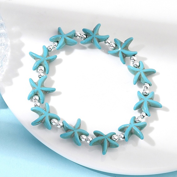 Браслеты из синтетической бирюзы и немагнитных гематитовых бусин, эластичные, для женщин и мужчин., морская звезда, бирюзовые