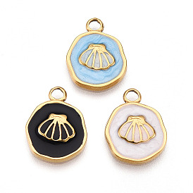 304 подвески из нержавеющей стали, с эмалью, плоский круглый с подвесками из ракушек, ионное покрытие (ip), реальный 18 k позолоченный