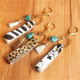 Key ring creative diy animal cow leopard pattern turquoise tassel leather key chain pendant
