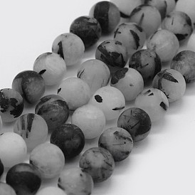 Natural Black Rutilated Quartz Beads Strands, Frosted, Round