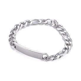 667 Stainless Steel Figaro Chain ID Bracelets, with 304 Stainless Steel Lobster Claw Clasps & Rectangle Link