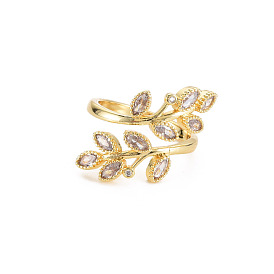 Anillo de puño abierto con hoja de circonita cúbica, joyas de latón chapado en oro real 18k para mujer, sin plomo y cadmio