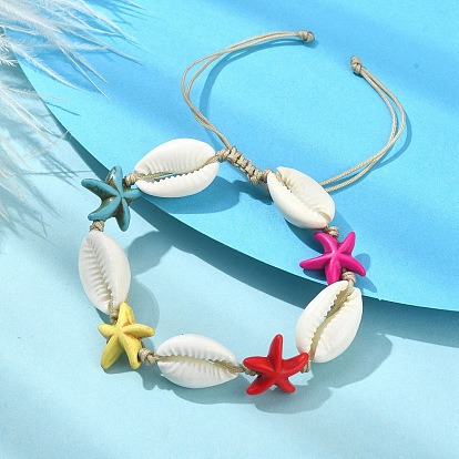 Natural Shell & Starfish Synthetic Turquoise Braided Bead Bracelet, Nylon Thread Adjustable Bracelet