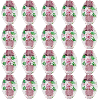 20шт. бусины ручной работы из фольгированного стекла в технике лэмпворк, овальные с цветком