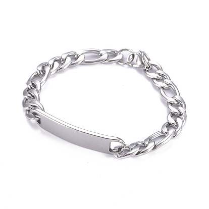 667 Stainless Steel Figaro Chain ID Bracelets, with 304 Stainless Steel Lobster Claw Clasps & Rectangle Link