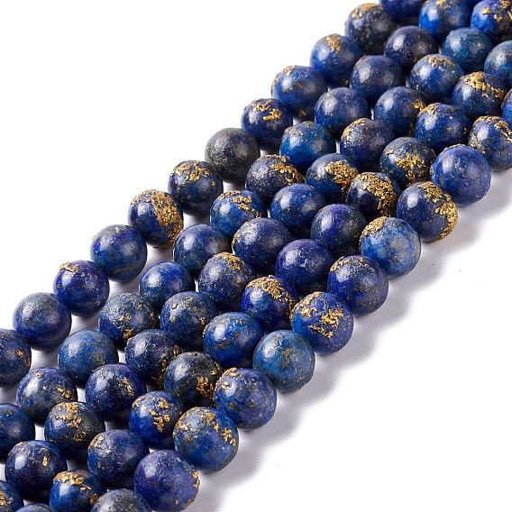 Dyed Natural Lapis Lazuli Beads Strands, Golden Copper Wrapped Beads, Round