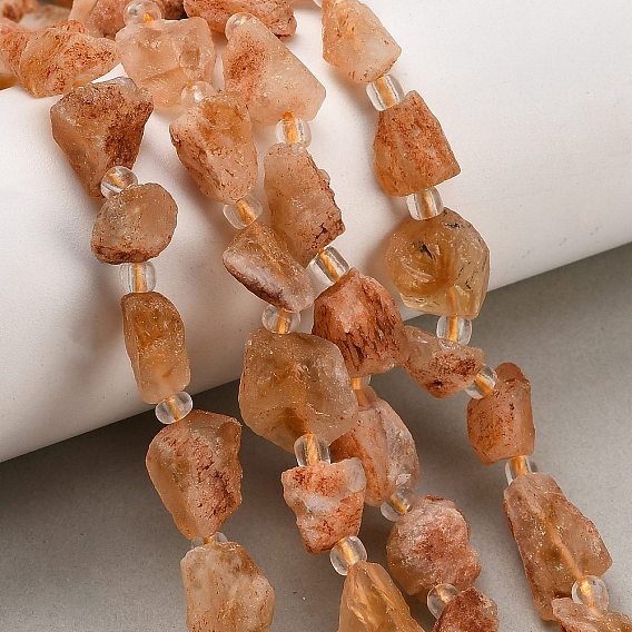 Raw Rough Heated Natural Citrine Beads Strands, Nuggets, with Seed Beads