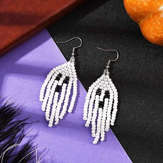 Серьги-подвески из стеклянных бусин ручной работы в виде призрака на тему Хэллоуина, с натуральными черными шпинельными бусинами и 304 крючками для сережек из нержавеющей стали