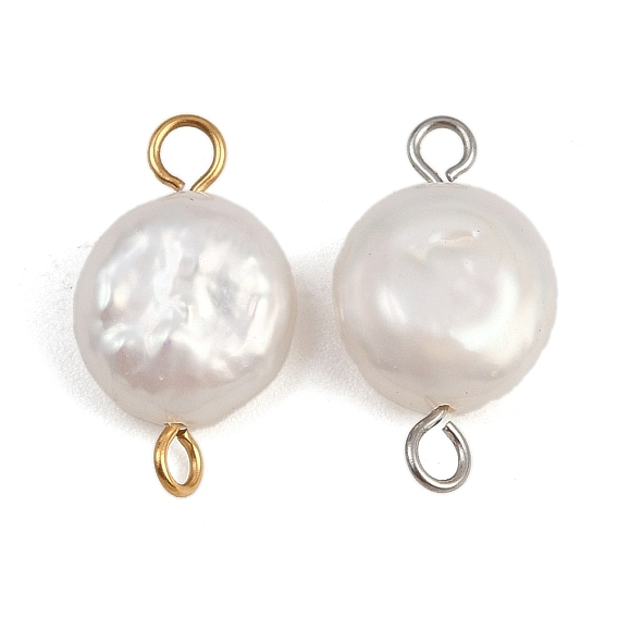 Плоские круглые подвески-соединители из натурального пресноводного жемчуга Кеши, с 304 двойными петлями из нержавеющей стали, белые