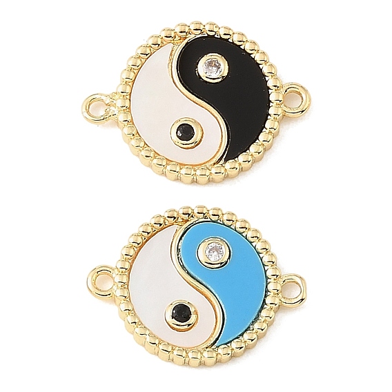 Brass Clear Cubic Zirconia & Natural White Shell & Resin Connector Charms, Flat Round with Yin-yang Links, Rack Plating, Long-Lasting Plated, Cadmium Free & Lead Free, Real 18K Gold Plated