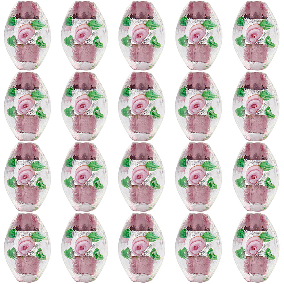 20pcs perles de verre lampwork faites à la main, ovale avec des fleurs