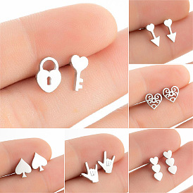 Minimalist Geometric Sweetheart Key Lock Earrings with Heart Gesture Ear Cuff - Set of 7