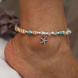 Boho Beach Anklet Bracelet Set with Seashell Starfish Charm and Crystal Beads
