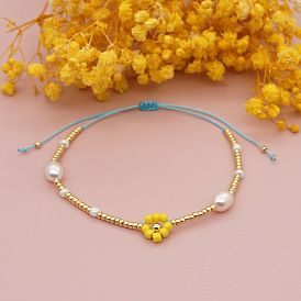 Handmade Daisies Beaded Bracelet with Natural Freshwater Pearls